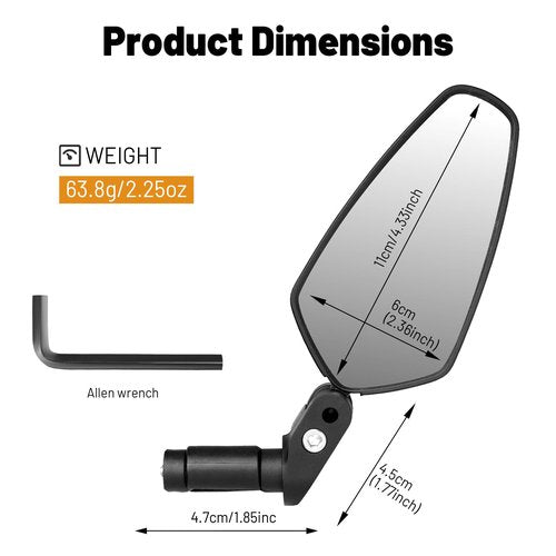 Bar End Bike Mirror, Slim Wide-Angle Rear View Mirror for Bicycle, 360° Adjustable Shatterproof Side Mirror for E-Bike, MTB, Commuter Bike (Left or Right Side)