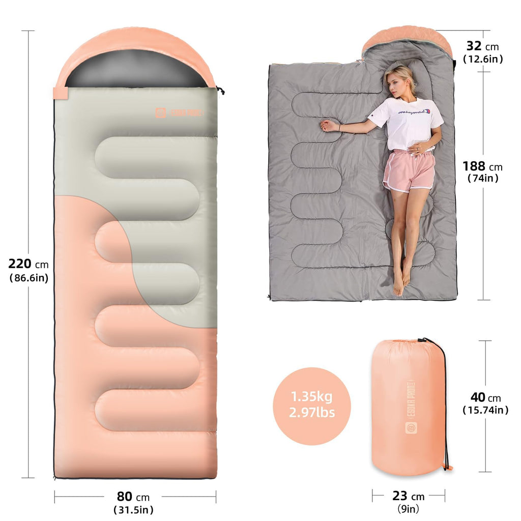 Sleeping Bags for Adults&Kids,Lightweight Waterproof Warm Weather Sleeping Bag,Compact Portable Sleeping Bag for Camping,Essentials Gear for Camping Hiking Outdoor Travel (Pink&Khaki)