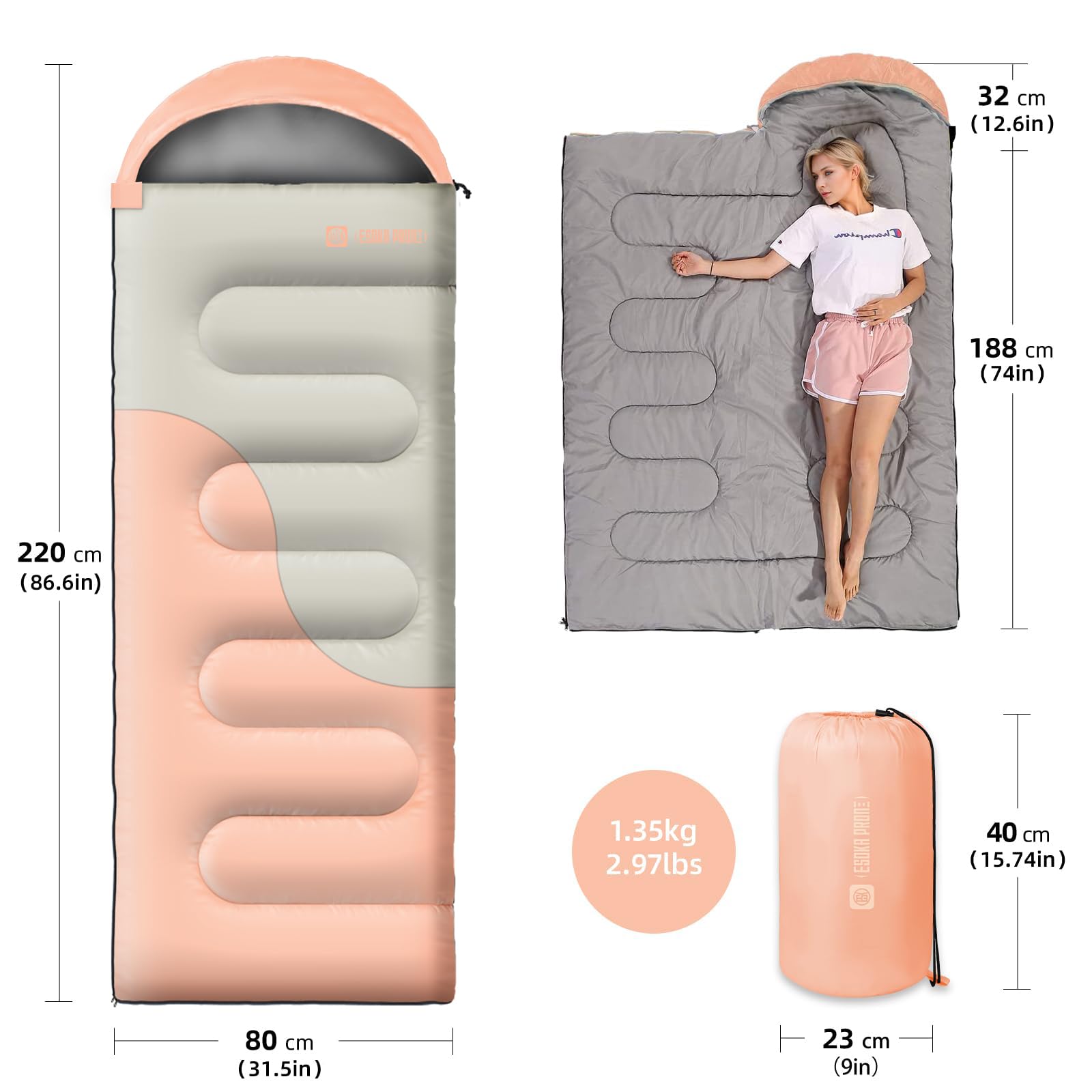 Sleeping Bags for Adults&Kids,Lightweight Waterproof Warm Weather Sleeping Bag,Compact Portable Sleeping Bag for Camping,Essentials Gear for Camping Hiking Outdoor Travel (Pink&Khaki)