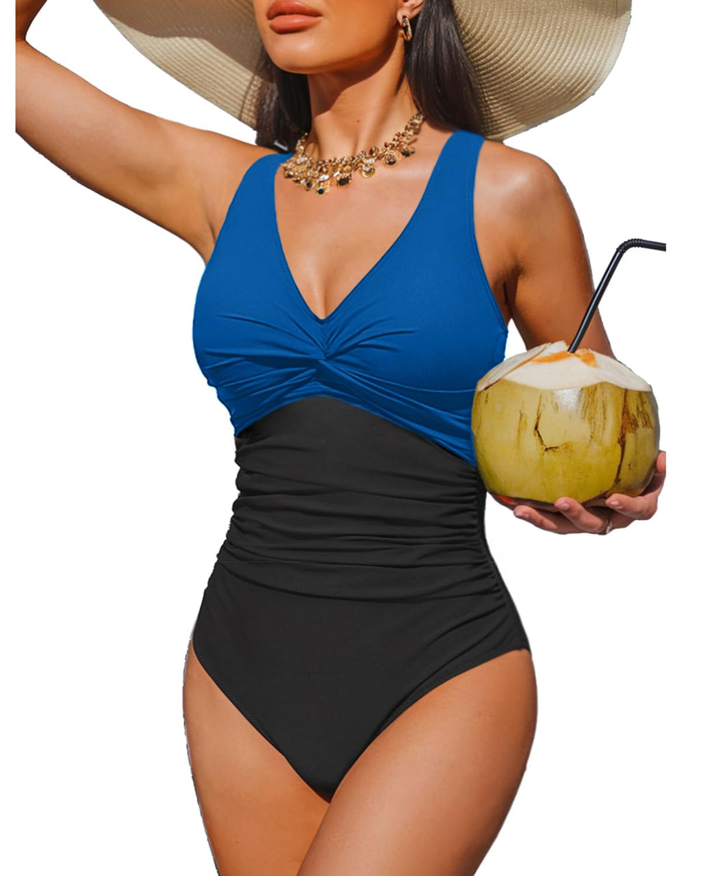 Holipick Blue and Black Women Tummy Control One Piece Swimsuit - Push Up Bathing Suit Full Coverage Slimming Swimwear S