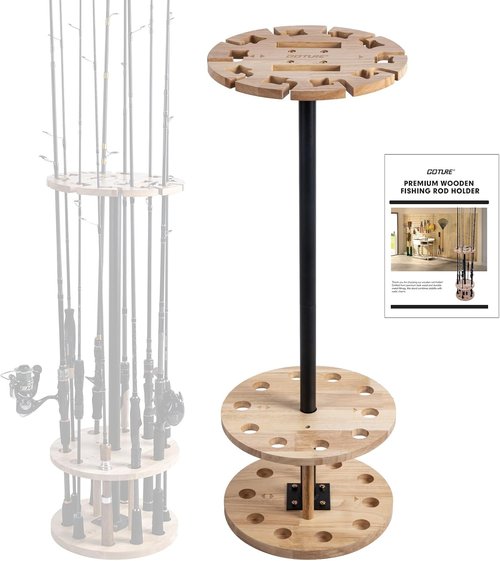 Goture Fishing Rod Holder - Garage Floor Stand for Up to 10 Rods | Solid Rubber Wood Storage Organizer