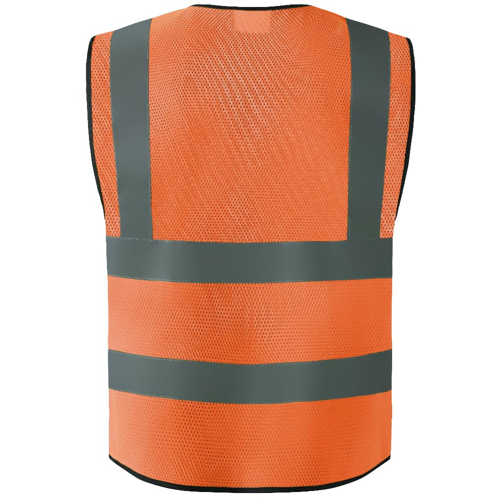 IDOU High Visibility Orange Reflective Safety Vest - Breathable Work Vest with 5 Pockets & Zipper, Comfort Fit for Construction, Night Shifts, Outdoor Use L