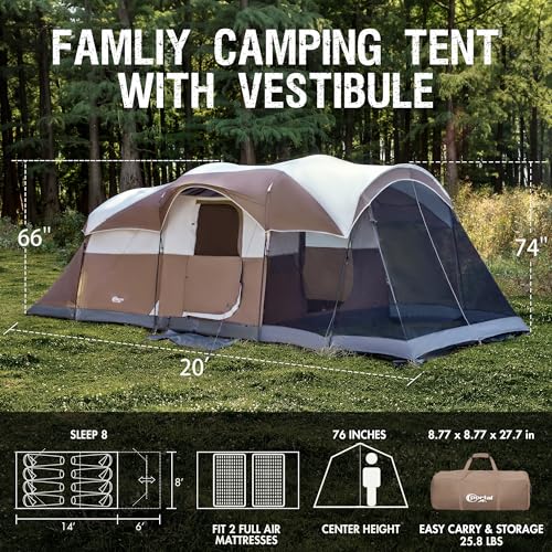 Brown Portal 8-Person Family Camping Tent with Screen Room, Water-Resistant