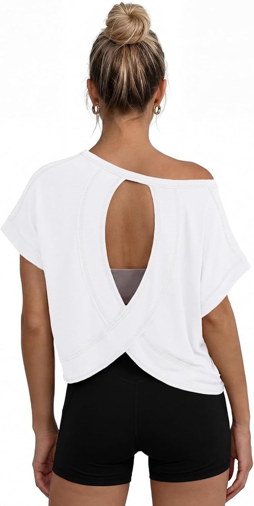 AUTOMET Women's Open Back Crop Top - Cute Short Sleeve Athletic Shirt for Gym & Yoga | Summer Style