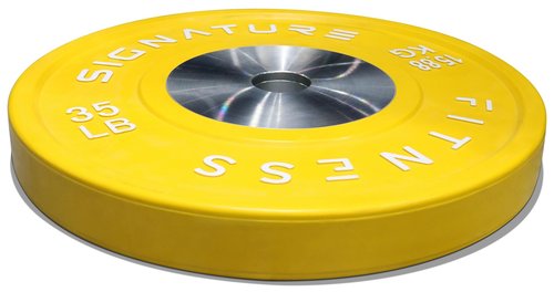 Signature Fitness Fitvids 2" Olympic Competition Bumper Plate with Steel Hub for Strength Training and Powerlifting - Minimal Bounce – 35LBS Single – 35-Pound, Single – Yellow