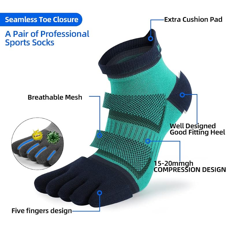 Men's Five Finger Toe Socks - Cotton Compression Crew Athletic Socks, 4 Pairs (Size 7-11) - Black