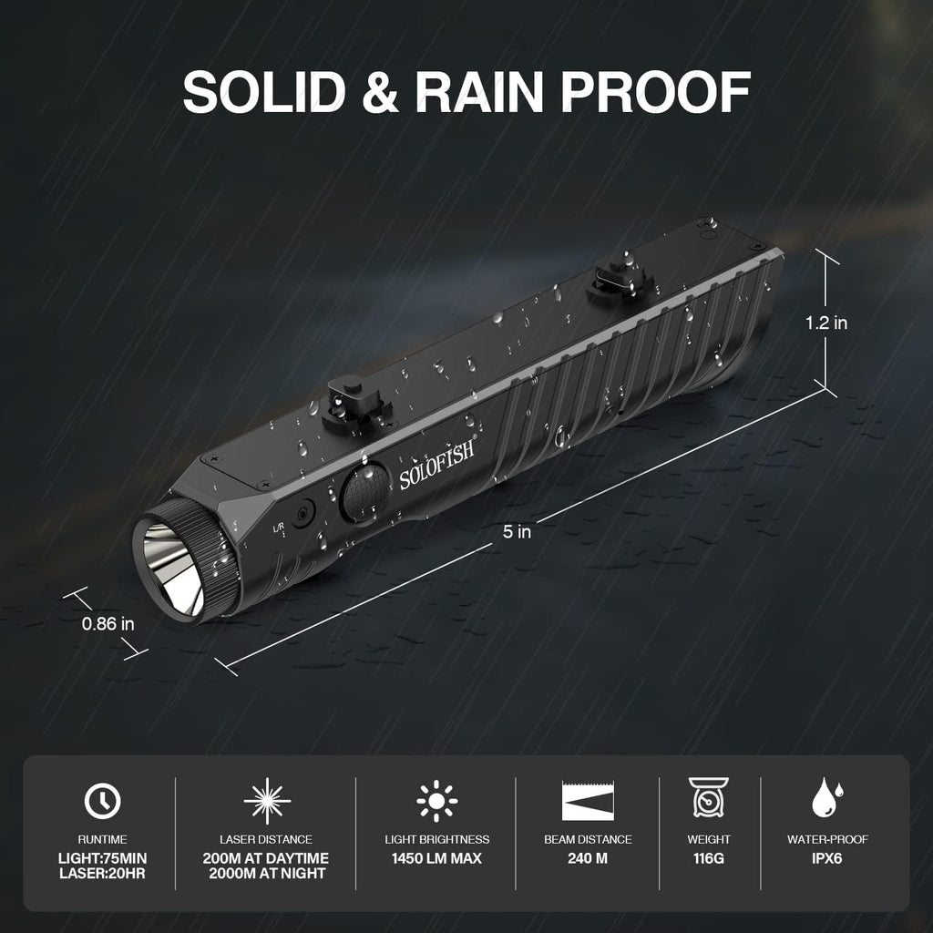 Solofish Tactical Flashlight - 1450 Lumens with Green Laser Sight | Magnetic Rechargeable Mlok Rail Combo