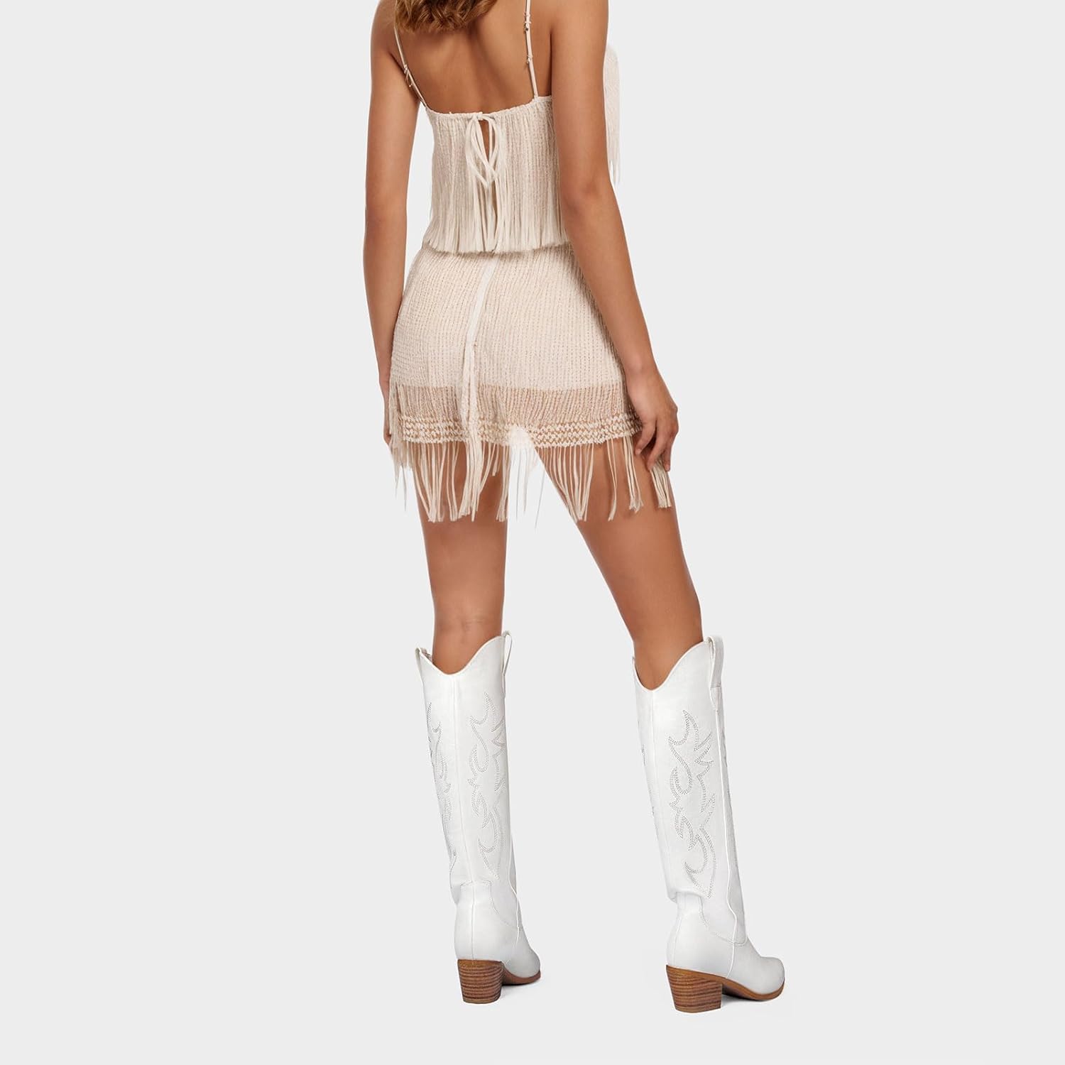 Ouepiano White Cowgirl Boots - Women's Knee High Cowboy Boots with Chunky Heel & Pointed Toe