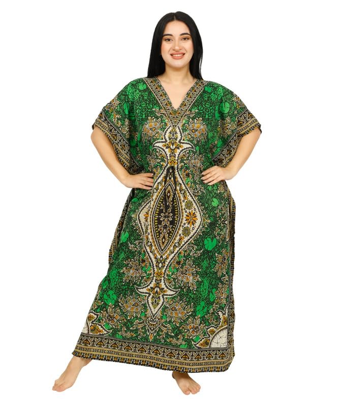Women's Long Kaftan Maxi Dress - Green, One Size Beach Cover Up