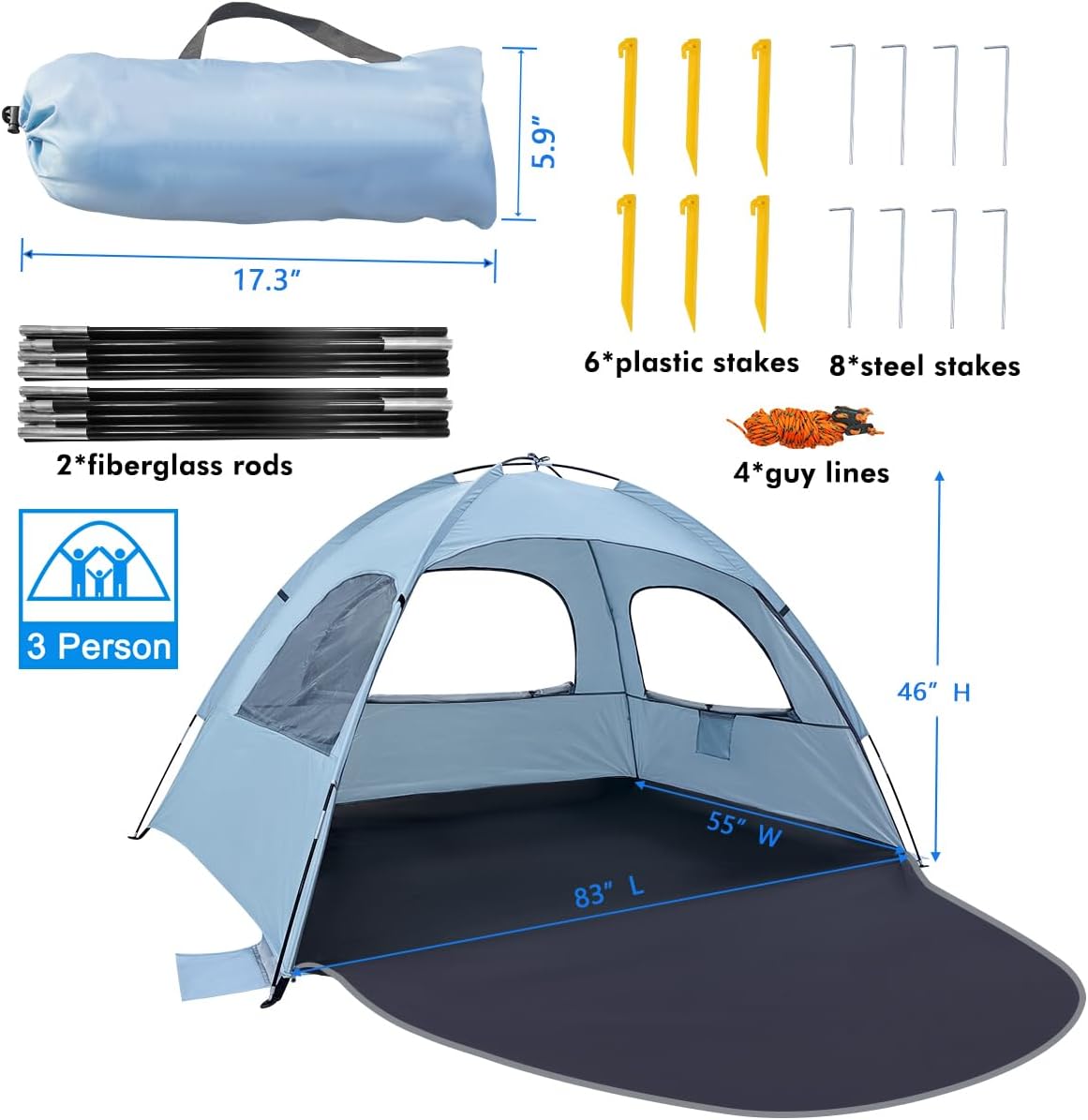 WhiteFang Beach Tent - Anti-UV Portable Sun Shade Shelter for Up to 8 People | Extendable Floor & 3 Mesh Windows