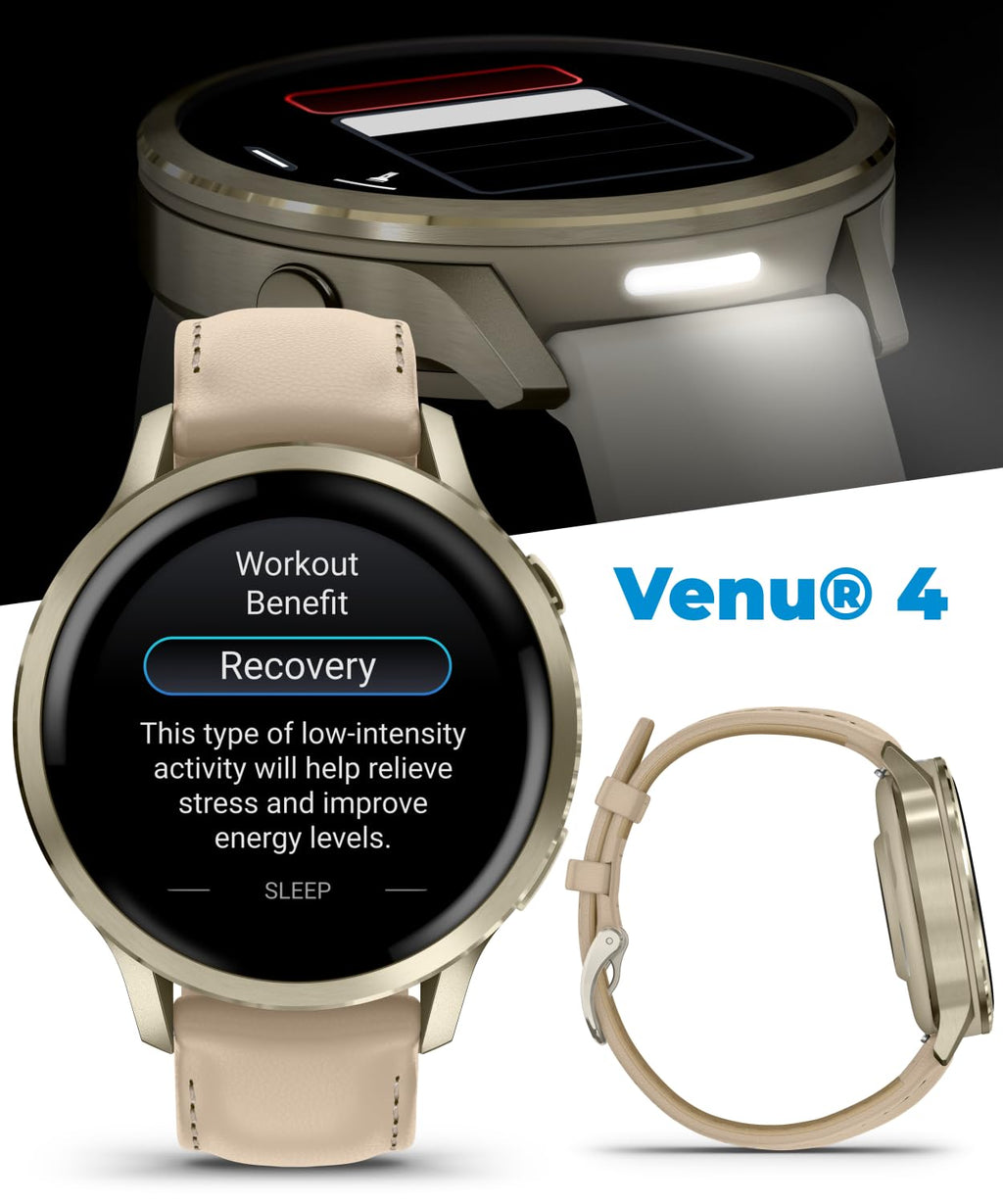 Garmin Venu 4 41mm AMOLED Advanced Health & Fitness GPS Smartwatch, Colorful Display, Built-in Flashlight Lunar Gold w/Bone Silicone & Light Sand Leather Bands w/Wearable4U White Earbuds Bundle