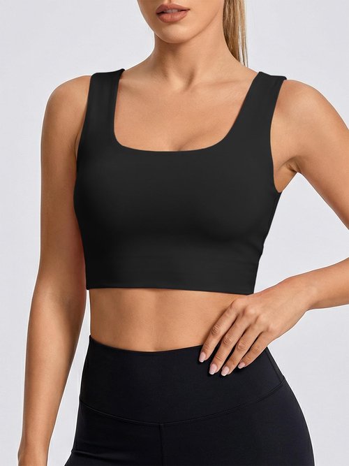 Aoysky Womens Buttery Soft Square Neck Sports Bras Compression Padded Longline Yoga Workout Running Crop Tops Black