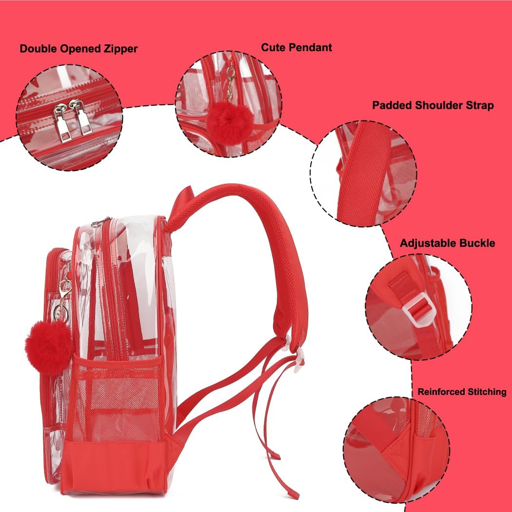 Skiennix Heavy Duty Clear Backpack - Durable Transparent School Bookbag for Kids | Red Color