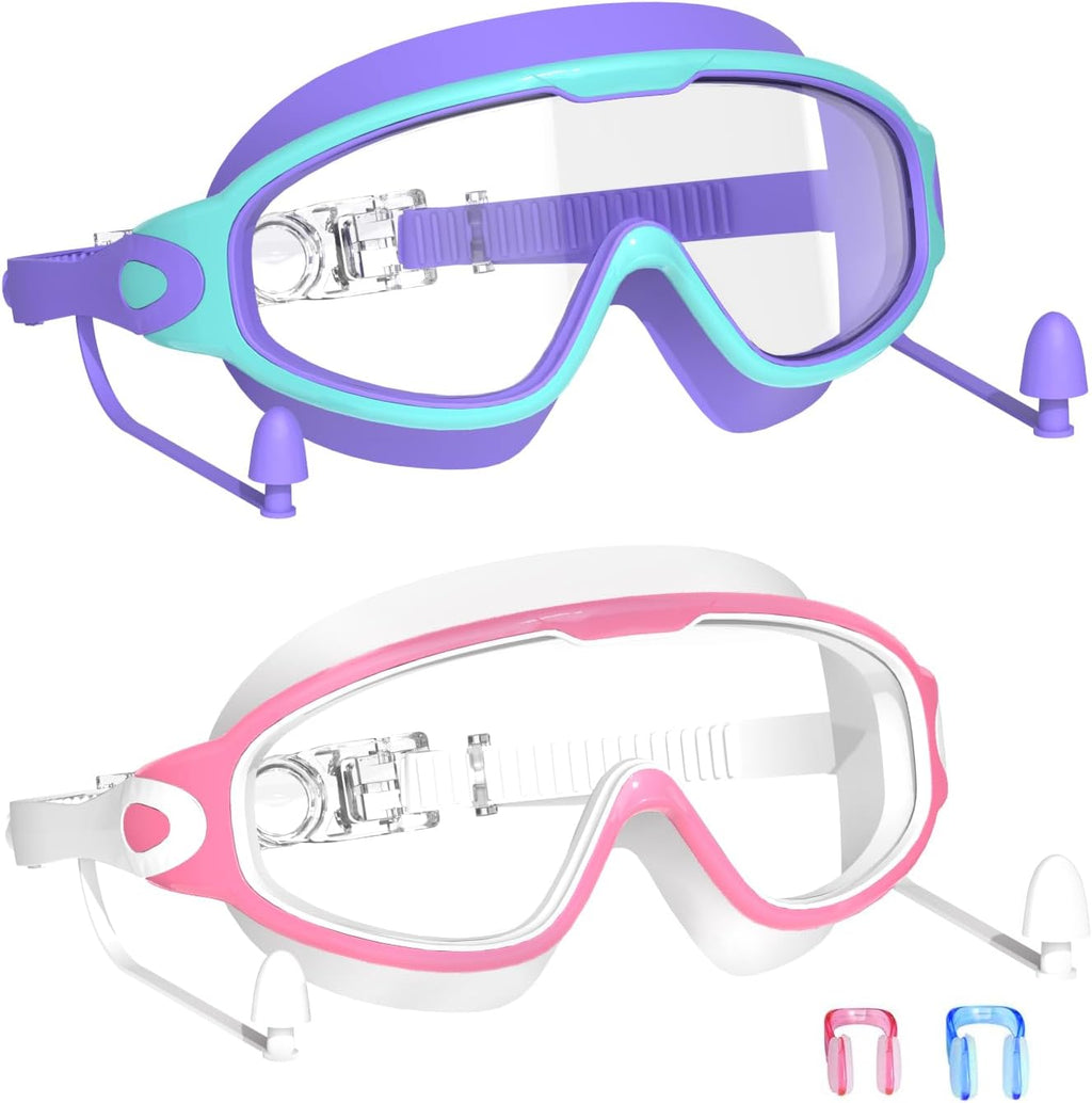 Skiennix Swim Goggles for Kids 3-15 | Large Frame, Anti-Fog & UV Protection - 2 Pack with Earplugs