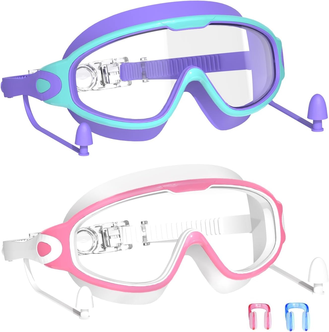 Skiennix Swim Goggles for Kids 3-15 | Large Frame, Anti-Fog & UV Protection - 2 Pack with Earplugs