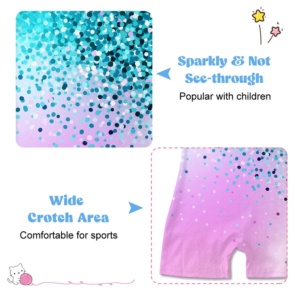 Funnycokid Gymnastics Leotards for Girls Kids Outfits Sparkly Unitards Clothes with Shorts, Diamond Mint Green Pink, 6-7 Years