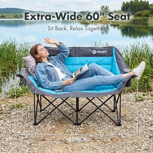 Blue Oversized Double Camping Chair, Heavy-Duty Folding Loveseat for Outdoor