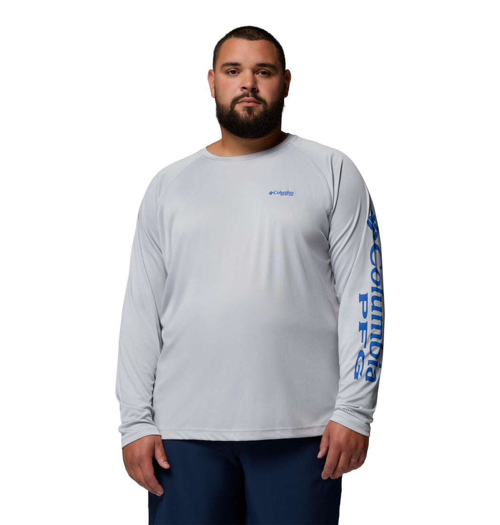 Columbia Men's PFG Terminal Tackle Long Sleeve Fishing Shirt, Cool Grey/Vivid Blue Logo, X-Large Tall