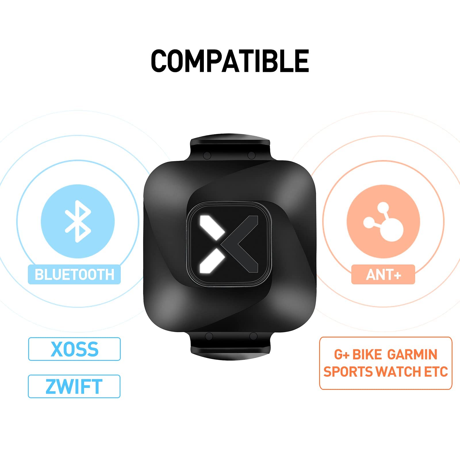 XOSS Vortex Cadence/Speed Sensor ANT+/Bluetooth 4.0, Outdoor/Indoor Wireless IPX7 Dual Modes Bike Computer RPM Sensor for Road Bike/Spinning Bike/MTB Compatible with Wahoo Fitness/Zwift/Strava