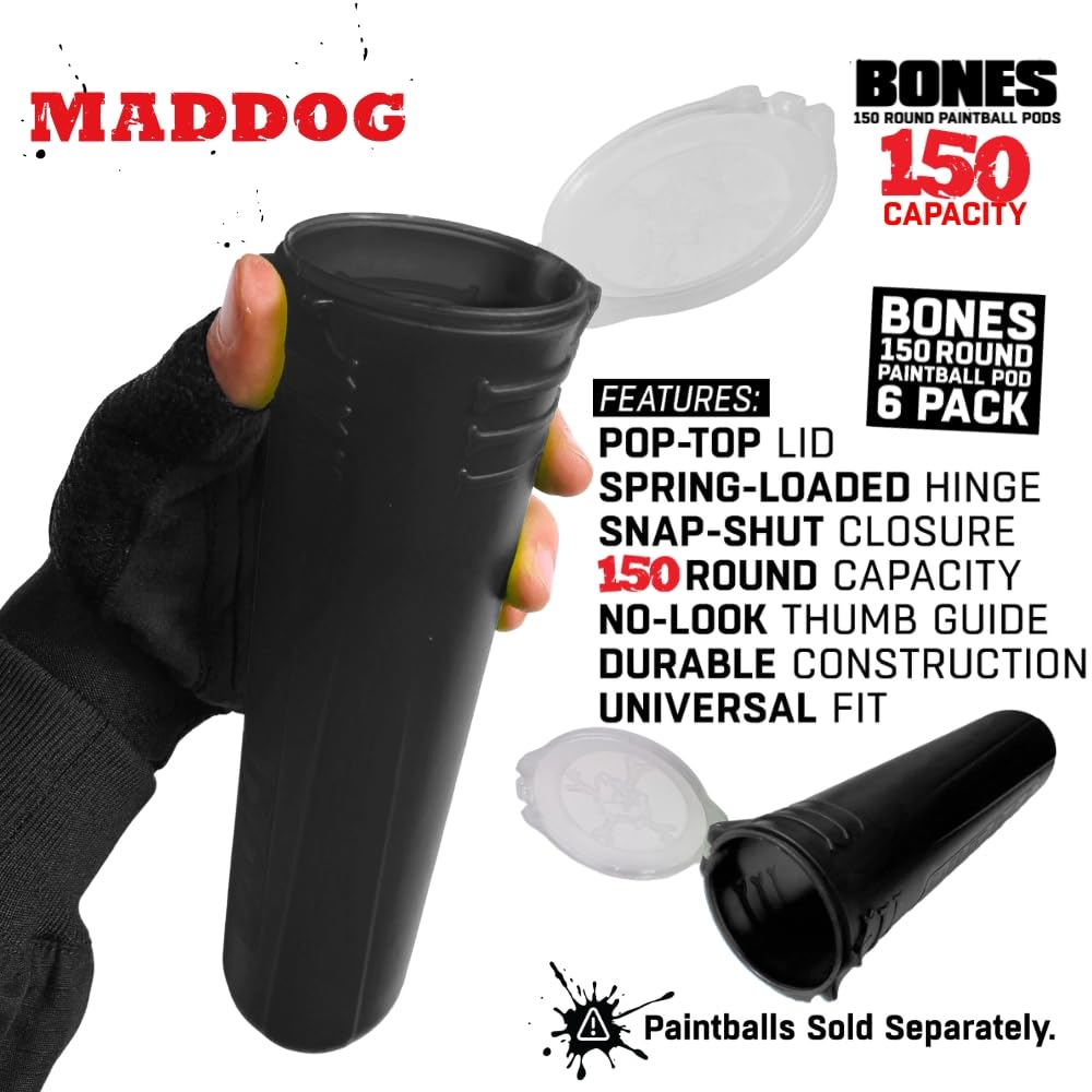 Maddog 150 Round Bones Paintball Pods | Durable Quick Reload Tubes for Tournament and Recreational Speedball Woodsball | 6 Pack - Black