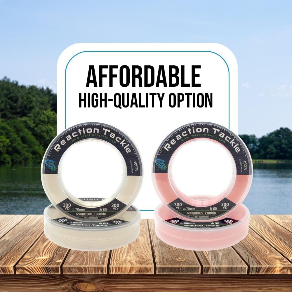 Reaction Tackle 100% Pure Fluorocarbon Fishing Line - High Strength & Abrasion-Resistant | Fast-Sinking & Invisible