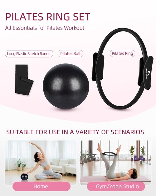 Abahub Pilates Ring Set, Home Workout Pilates Equipment Pilates，14”Magic Circle, 9”Mini Ball, Highly Elastic Resistance Bands, Hoop for Women Home Fitness, Toning Arms, Thighs/Legs & Core, Black Set