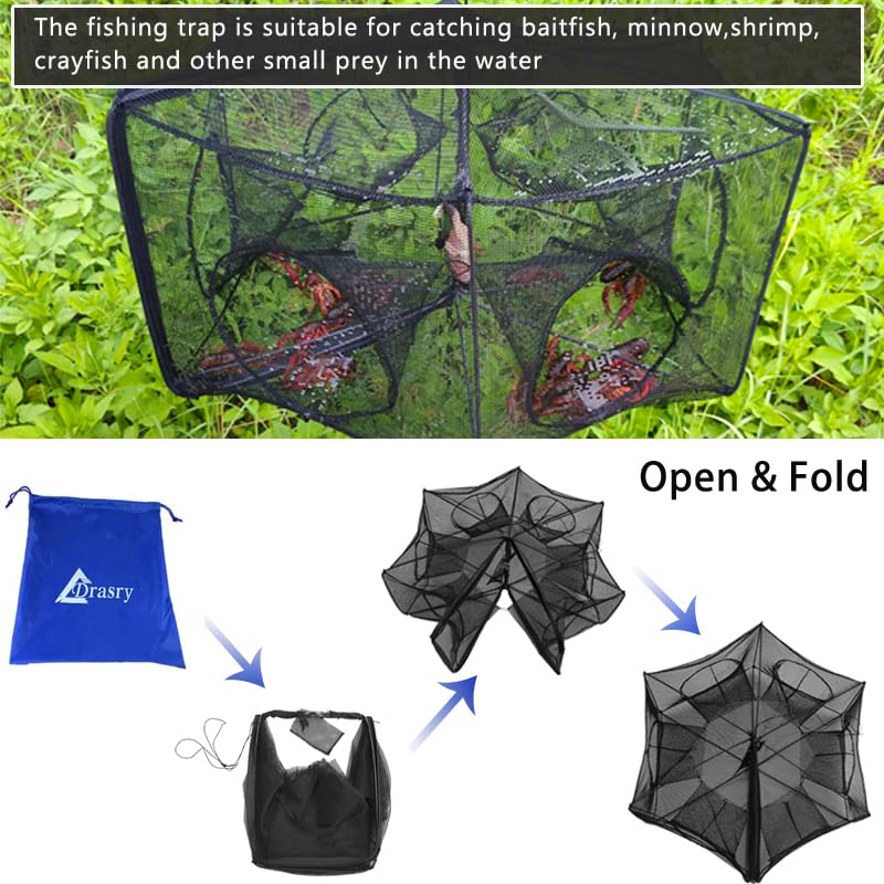Foldable Black Fishing Bait Trap with 6 Entrances - 27.6x10.2in, Collapsible Minnow, Crab & Shrimp Catcher - Drasry