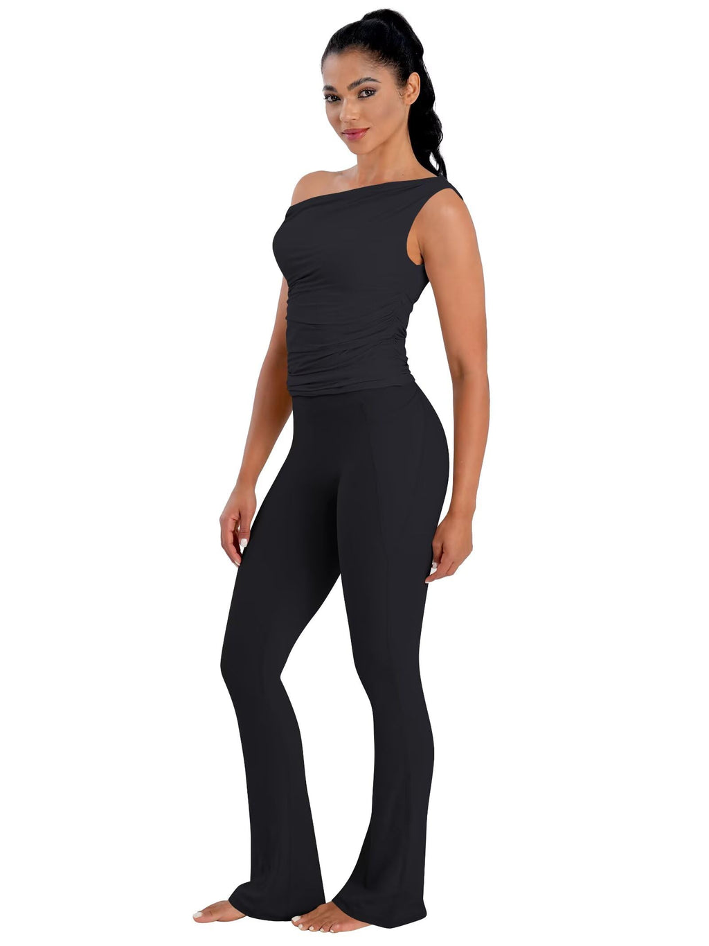 Sunzel No Front Seam Flare Leggings for Women with Pockets Hidden Butt Lifting Scrunch Tummy Control Mini Flared Yoga Pants 32" Inseam Black Medium