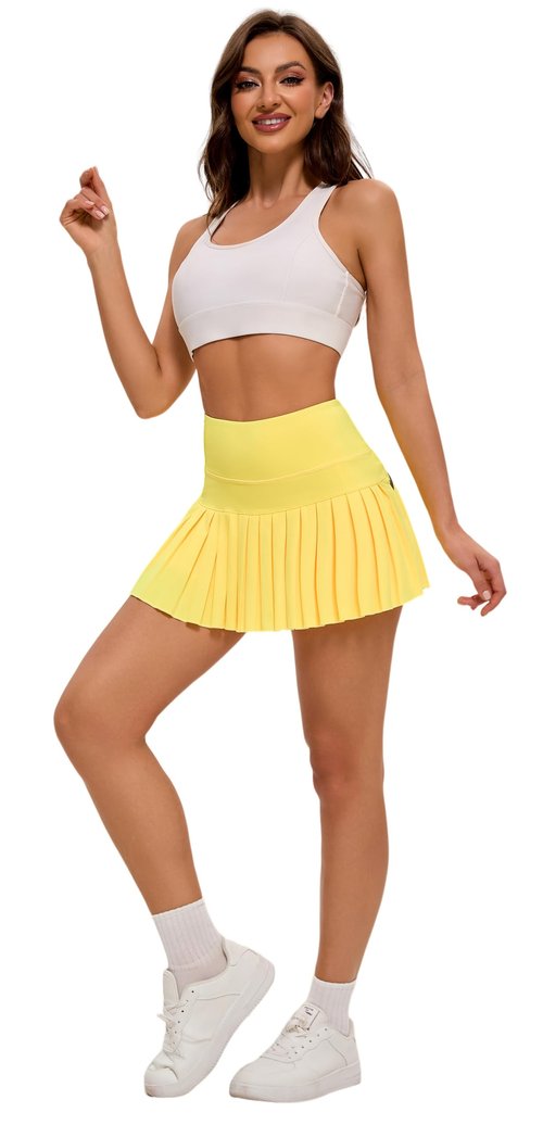 Yknktstc Women Pleated Tennis Skirt with Shorts High Waist Golf Skort Athletic Mini Skirt with Pockets Small Bright Yellow