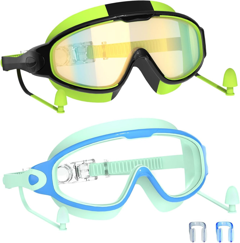 Skiennix Swim Goggles for Kids 3-15 - Large Frame, Anti-Fog & UV Protection | Includes Earplugs, 2PCS