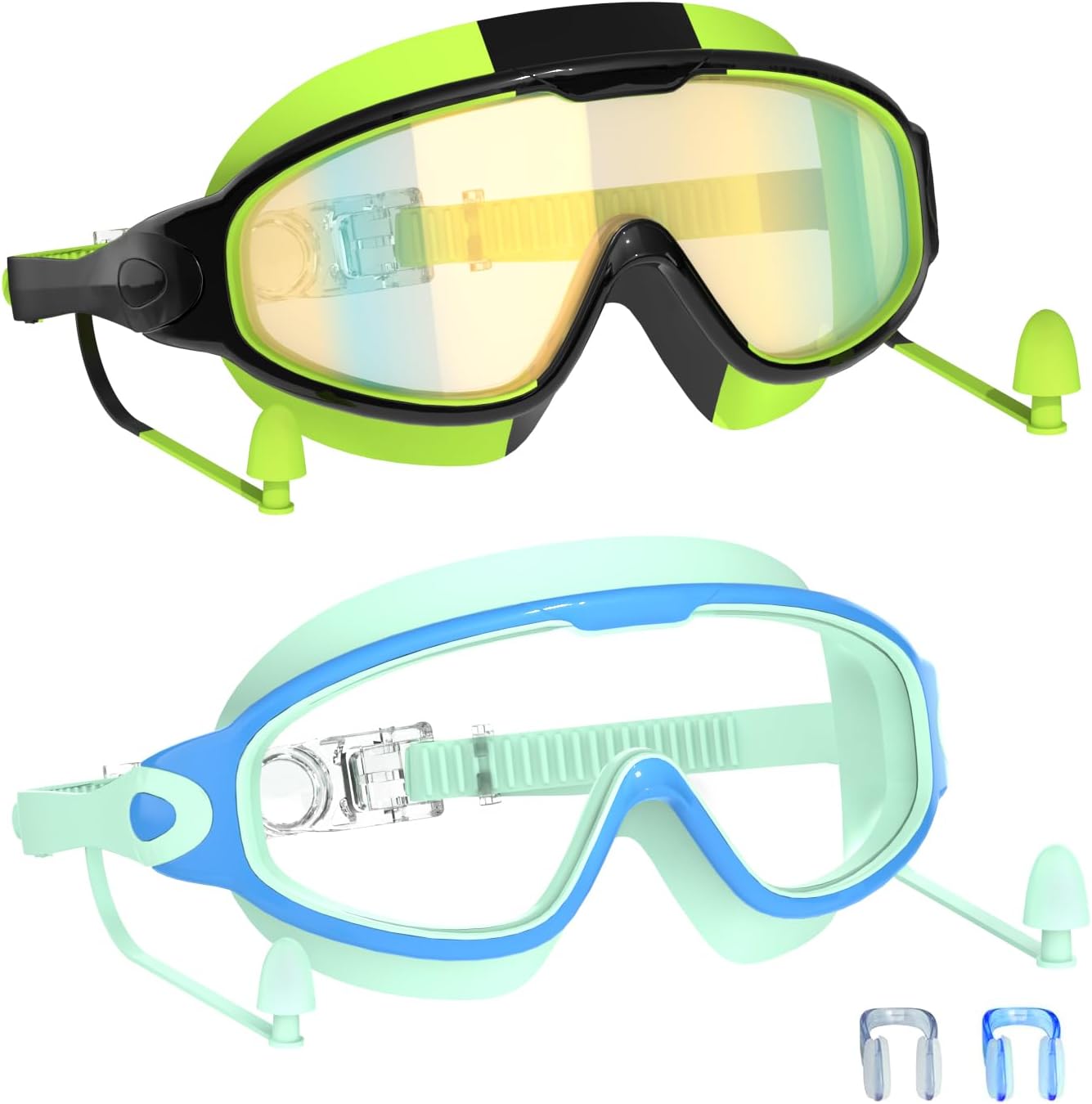 Skiennix Swim Goggles for Kids 3-15 - Large Frame, Anti-Fog & UV Protection | Includes Earplugs, 2PCS