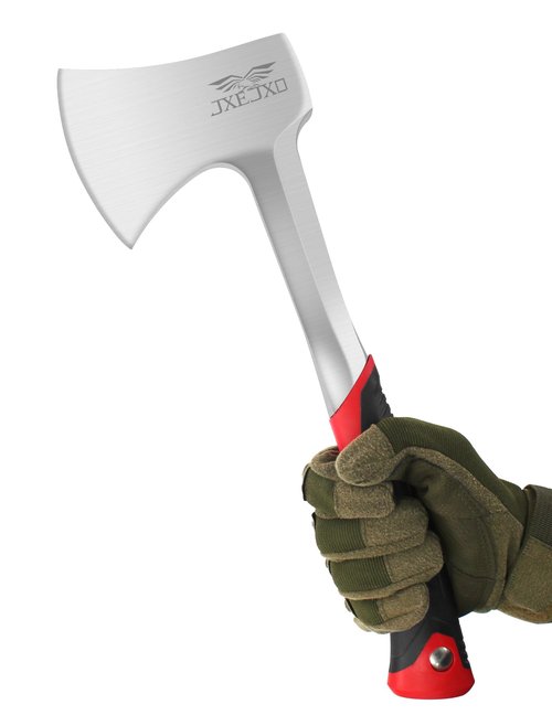 JXE JXO 14.4" Camping Hatchet with Full Tang Forged Construction & Ergonomic Shock Absorbing Grip, Hatchet Axe with Nylon Sheath (Red