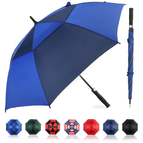 LLanxiry Automatic Open Golf Umbrella 54/62/68/72 Inch, Extra Large Windproof Vented Double Canopy Stick Umbrella, 210T Pongee Waterproof SPF 50+, Fiberglass Ribs Steel Shaft, EVA Grip for Golf & Commute