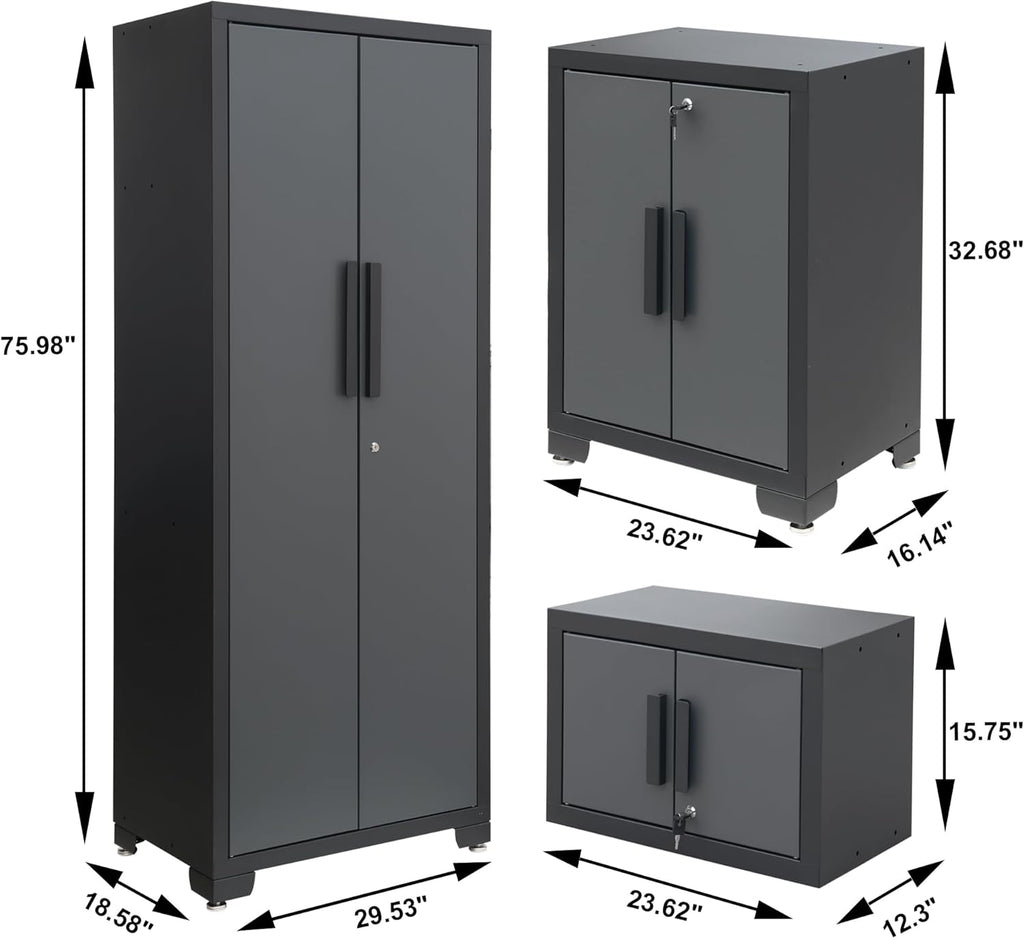 Torin Garage Storage Cabinet Set - 12 Piece Tool Organizer with Lockers, Shelves & Workbench | Black/Grey