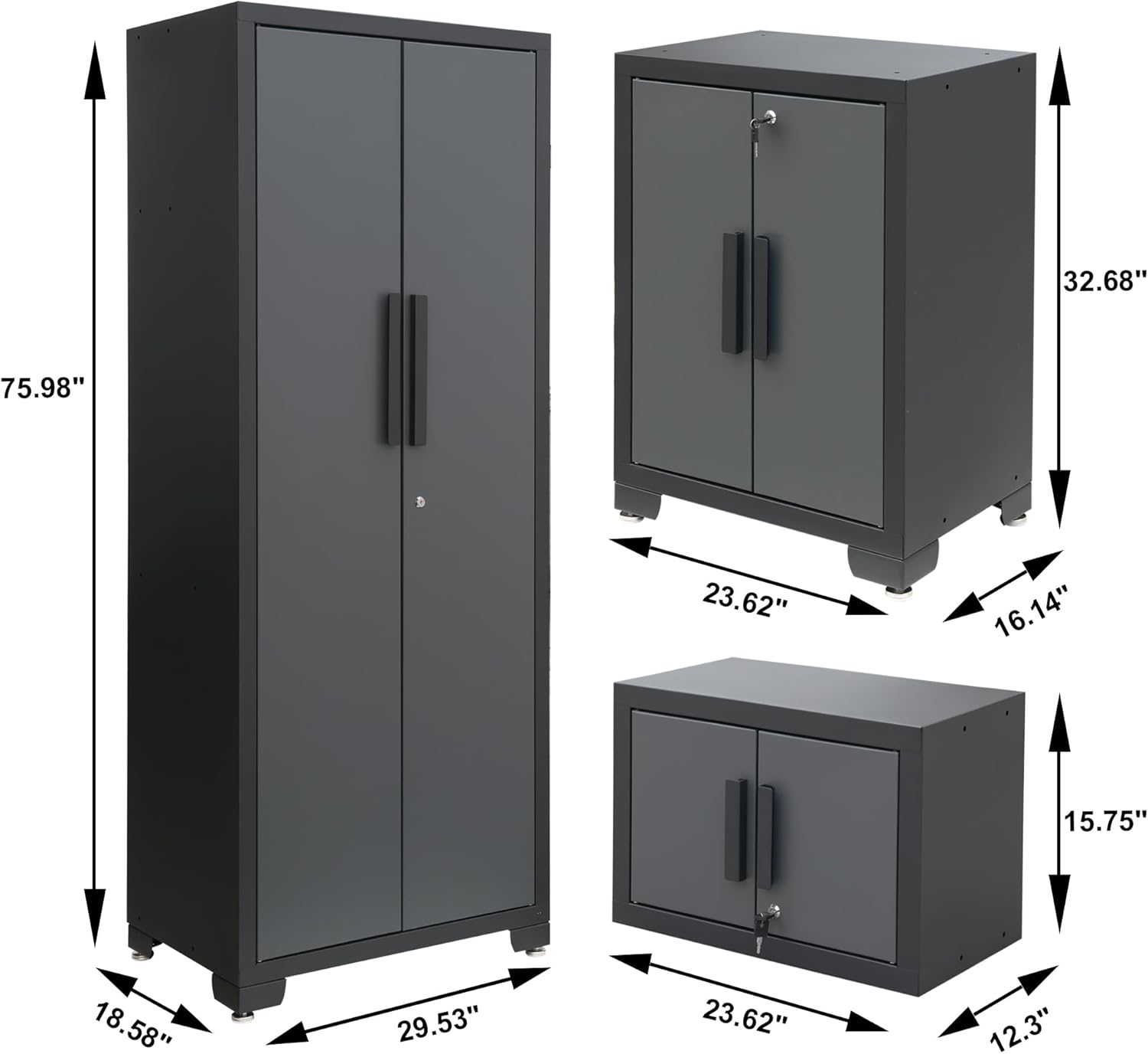 Torin Garage Storage Cabinet Set - 12 Piece Tool Organizer with Lockers, Shelves & Workbench | Black/Grey