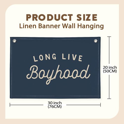 Long Live Boyhood Banner by Navy Blue Decor - Stylish Wall Hanging for Boys' Room | 30x20 Linen Flag