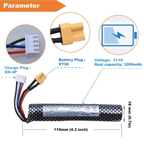 funkawa Water Bead Gel Ball Blaster 11.1V 2500mAh [Capacity and Discharge Upgraded ] Rechargeable Battery XT30 Plug with Charging Cable, Airsoft Battery 11.1V for Airsoft Gun Gel Ball Blaster(2-Pack)