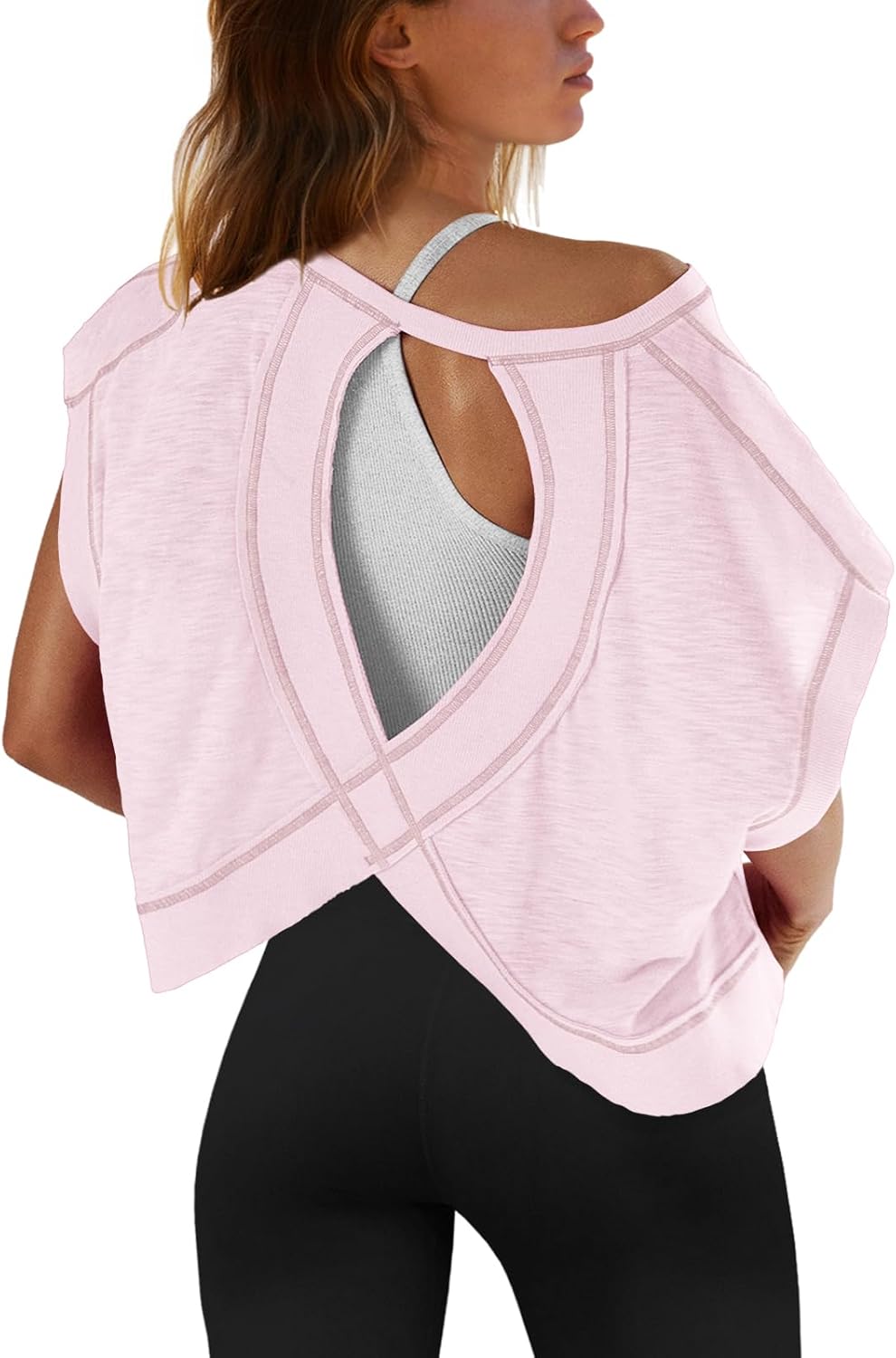 SENSERISE Women's Backless Workout Top - Short Sleeve Athletic Crop Shirt for Gym & Yoga