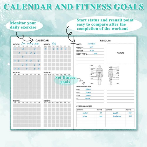 Fitness Planner - Workout Planner for Woman and Man - A5 Hardcover Workout Journal/Planner to Track Weight Loss, GYM, Bodybuilding Progress - Daily Health & Wellness Tracker, Teal