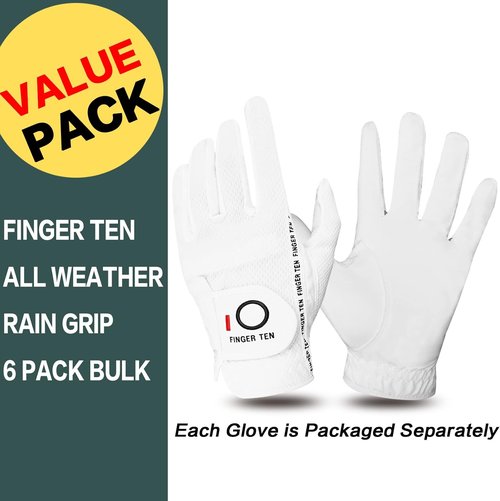 FINGER TEN Golf Gloves - All-Weather Grip for Right & Left-Handed Golfers | 6-Pack in Various Sizes
