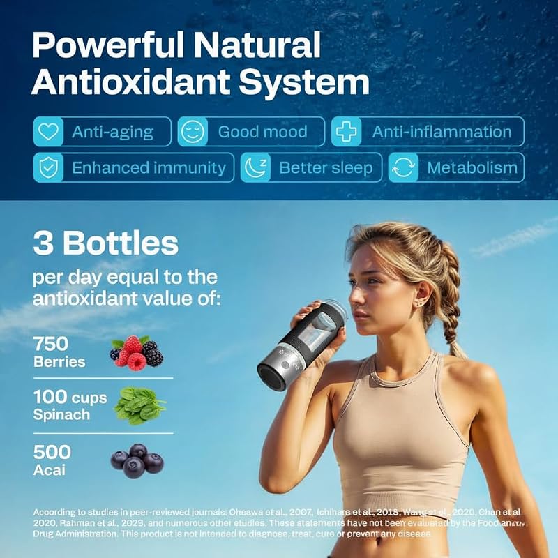 Hydrogen Water Bottle 16.2 oz with SPE/PEM Technology – Steel w/ Black, 3000 ppb Hydrogen Generator