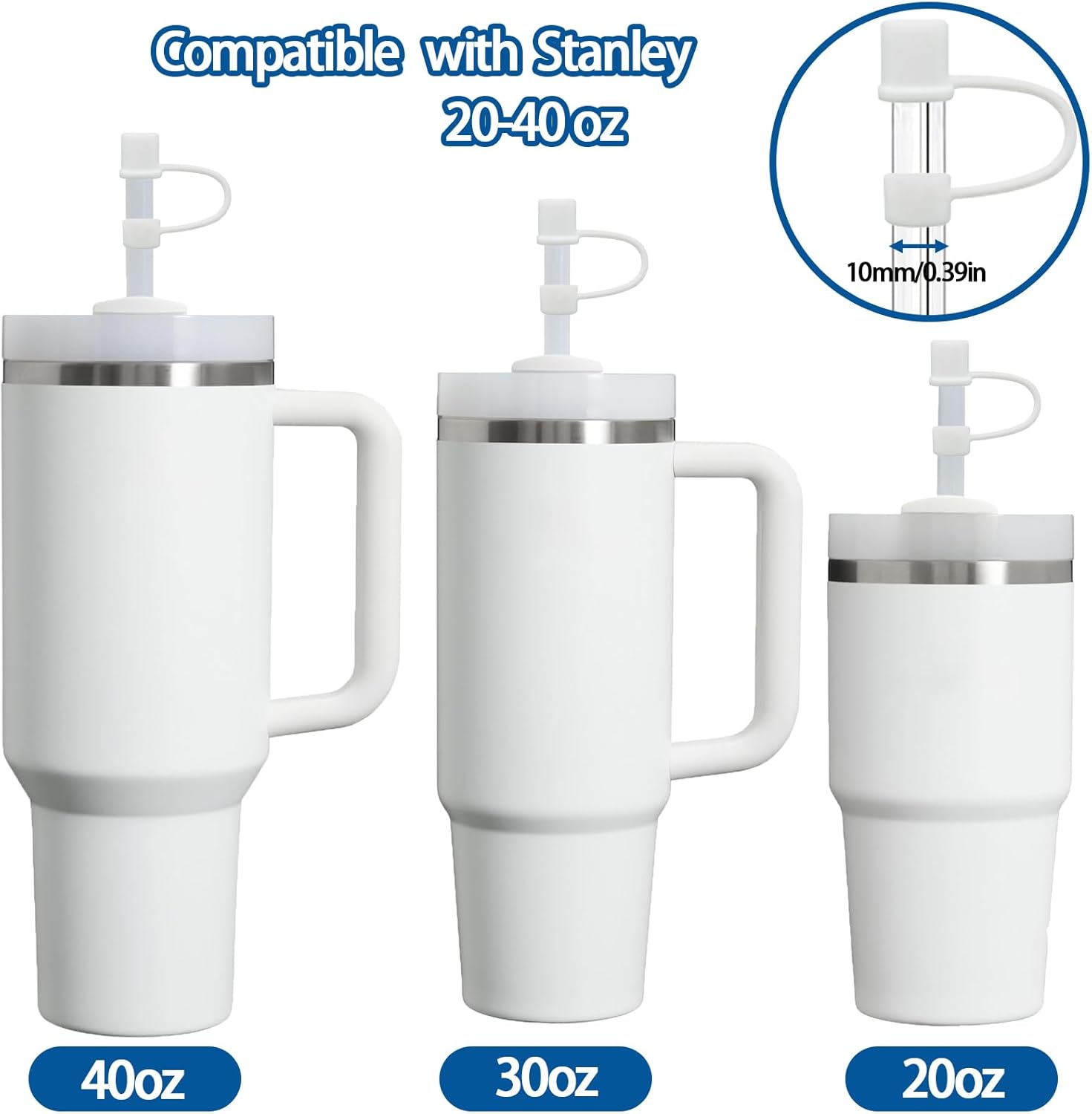 Skiennix Silicone Straw Covers - Dust-Proof Reusable Caps for Stanley Cup 30/40oz Tumblers | 6-Pack, White