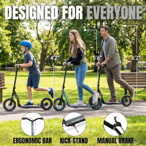 Madd Gear Large Kick Scooter for Adults & Teens Black/Grey | 12" Air Tires, Tall Handlebar, 300 lbs Capacity