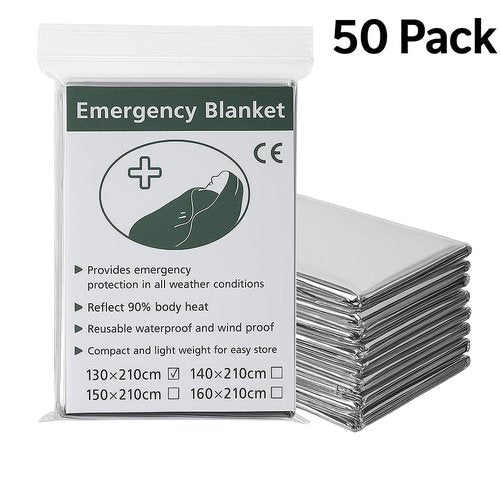 50 Pack Emergency Foil Blankets 51” x 83” – Thermal Mylar Survival Blankets Individually Wrapped for Outdoors, Camping, Hiking, First Aid, Emergency Preparedness & Homeless Outreach
