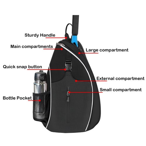 57lilina Pickleball Sling Bag - Lightweight Crossbody Design Holds 2 Paddles & 6 Balls - Ventilated Water Bottle Holder, Multiple Compartments - Fit for Drills, Casual Play & Travel Black