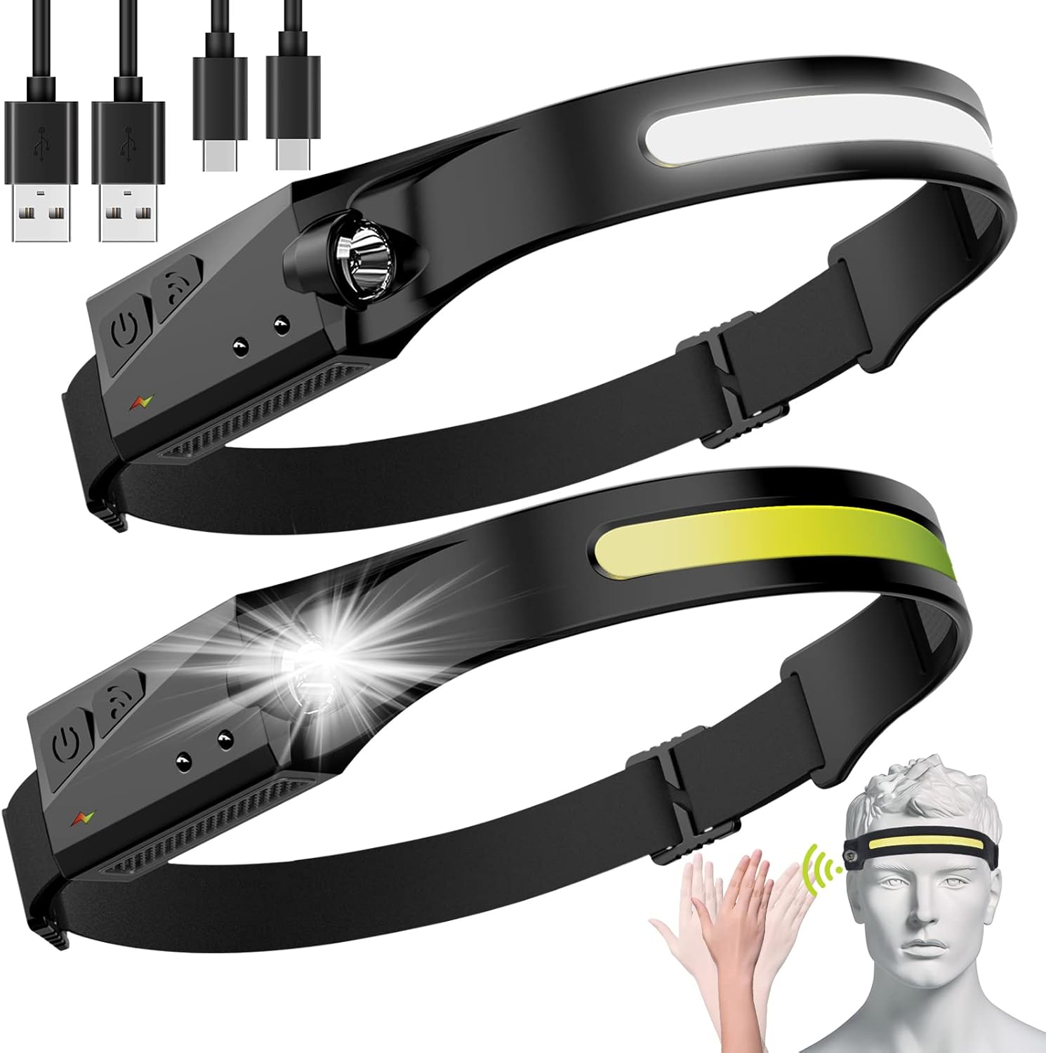 Skiennix LED Headlamp - 230° Wide Beam Rechargeable Flashlight | Adjustable, Waterproof, 2 Pack for Outdoor Activities