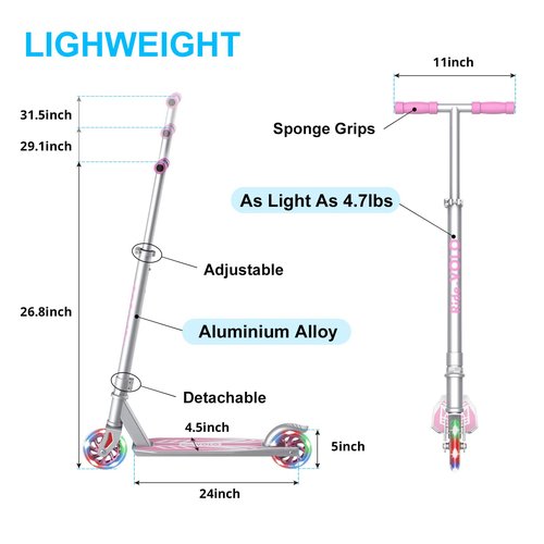 RideVOLO K05 Kick Scooter for 4-9 Years Old Kids, 3 Adjustable Heights, Ultra Lightweight and Easy Assembly, 5" Flash Wheels, Max Load 110lbs, Outdoor Activities, Gift for Boy/Girl Pink