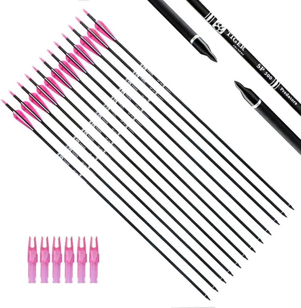 TIGER ARCHERY 30-Inch Carbon Hunting Arrows - Removable Tips for Compound & Recurve Bows | Pack of 12