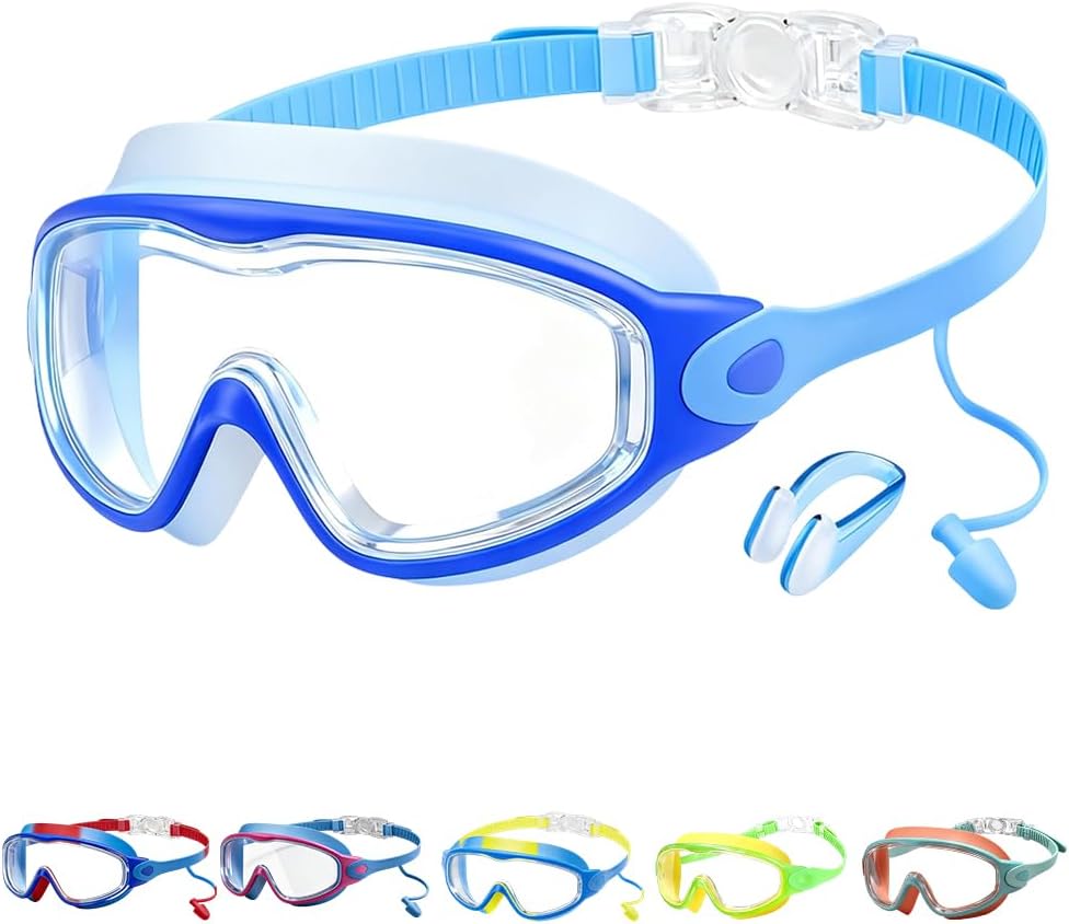Skiennix Kids Swim Goggles - Wide View Anti-Fog & Leakproof Design | Adjustable Strap & Nose Cover