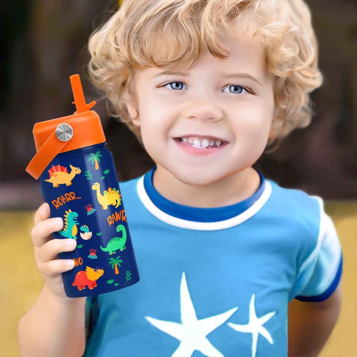 Skiennix Dinosaur Water Bottle - Insulated 12 Oz Kids Bottle with Straw Lid | Perfect for School & Sports